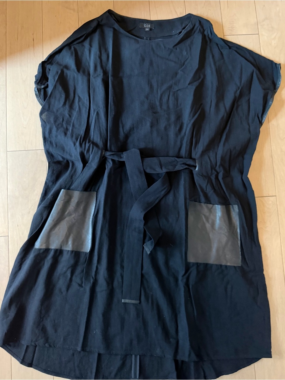 COS Black Midi Dress with Tie Waist and Faux-Leather Pockets